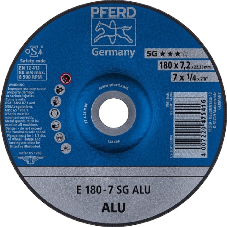 Product afbeelding Pferd Slijpschijf voor aluminium A24 NSG, haaks gebogen 178-7,2mm