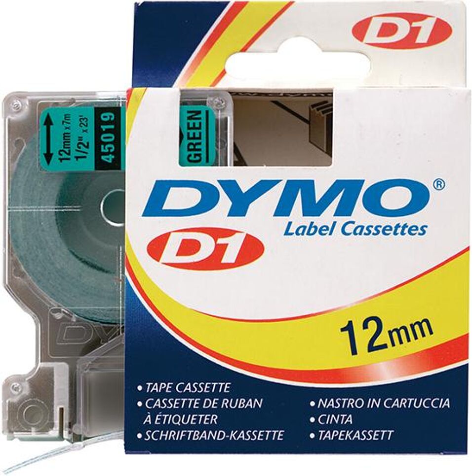 Product afbeelding Dymo Tape D1 45019 zwart op groen 12mm x 7m