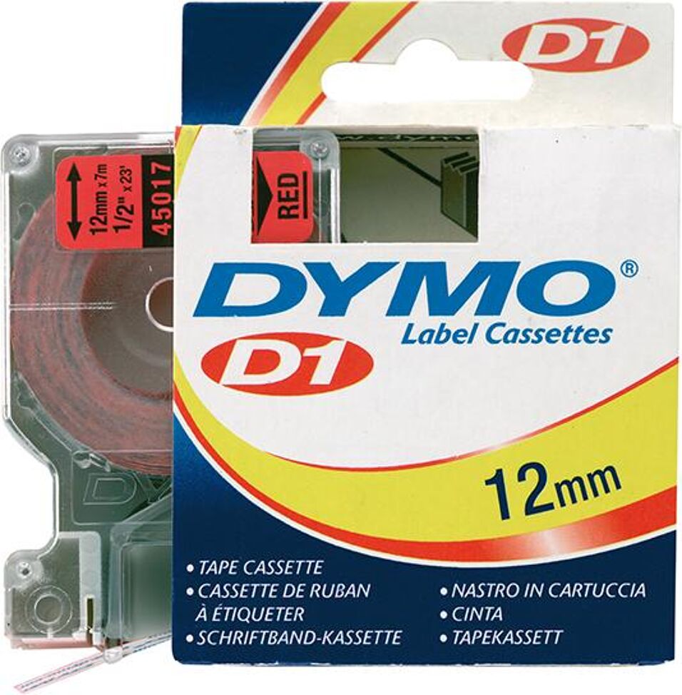 Product afbeelding Dymo Tape D1 45017 zwart op rood 12mm x 7m