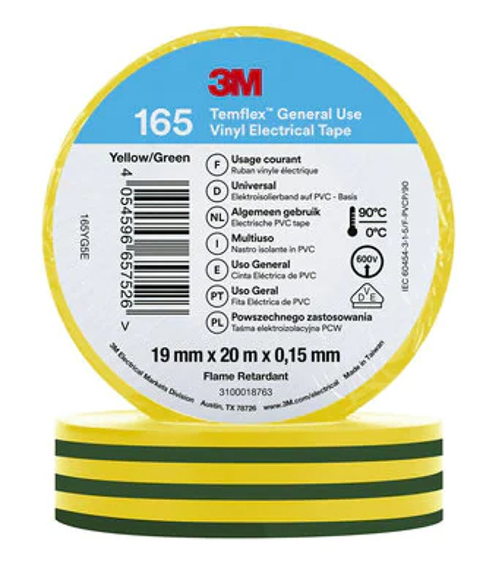 Product afbeelding 3M Temflex Vinyl isolatietape 165, Groen/Geel, 19 mm x 20 m