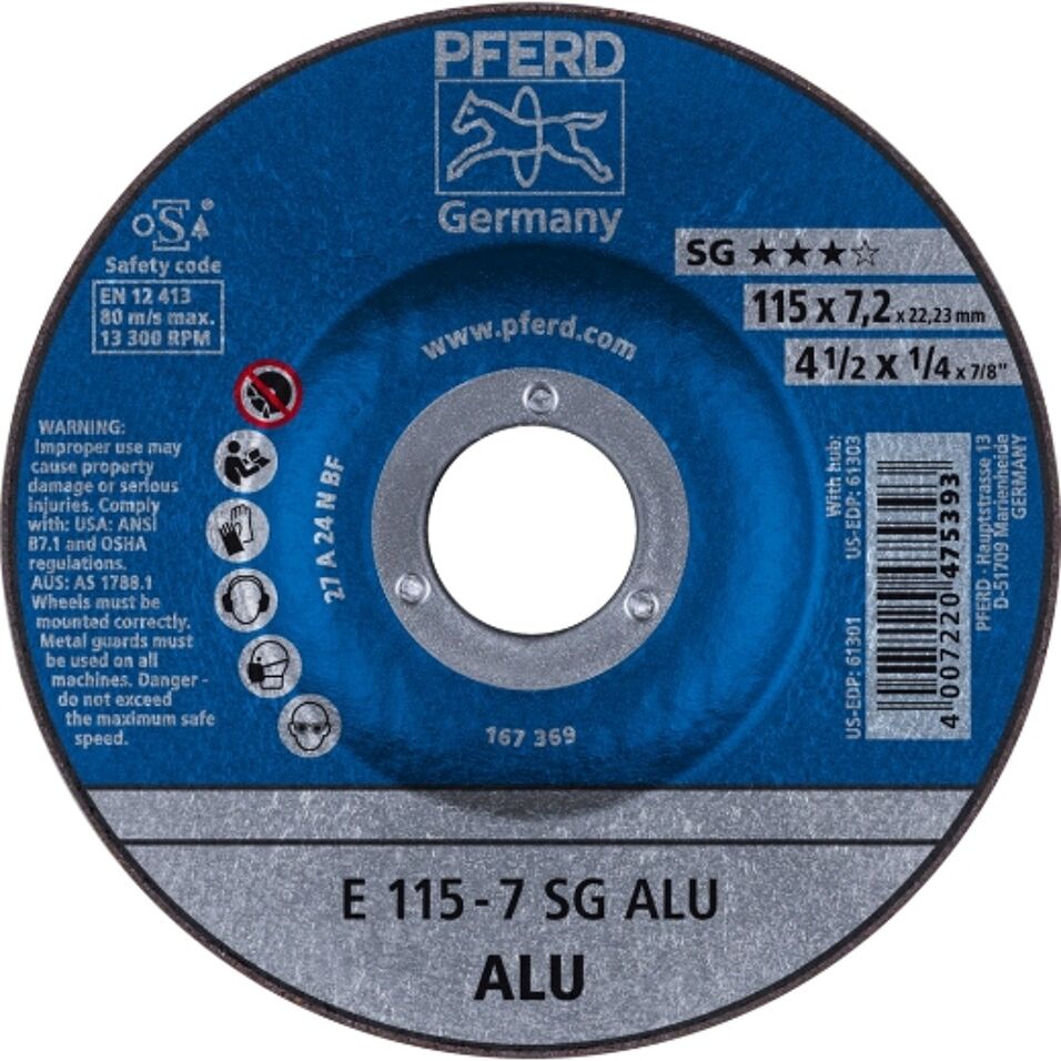 Product afbeelding Pferd Slijpschijf voor aluminium A24 NSG, haaks gebogen 115-7,2mm