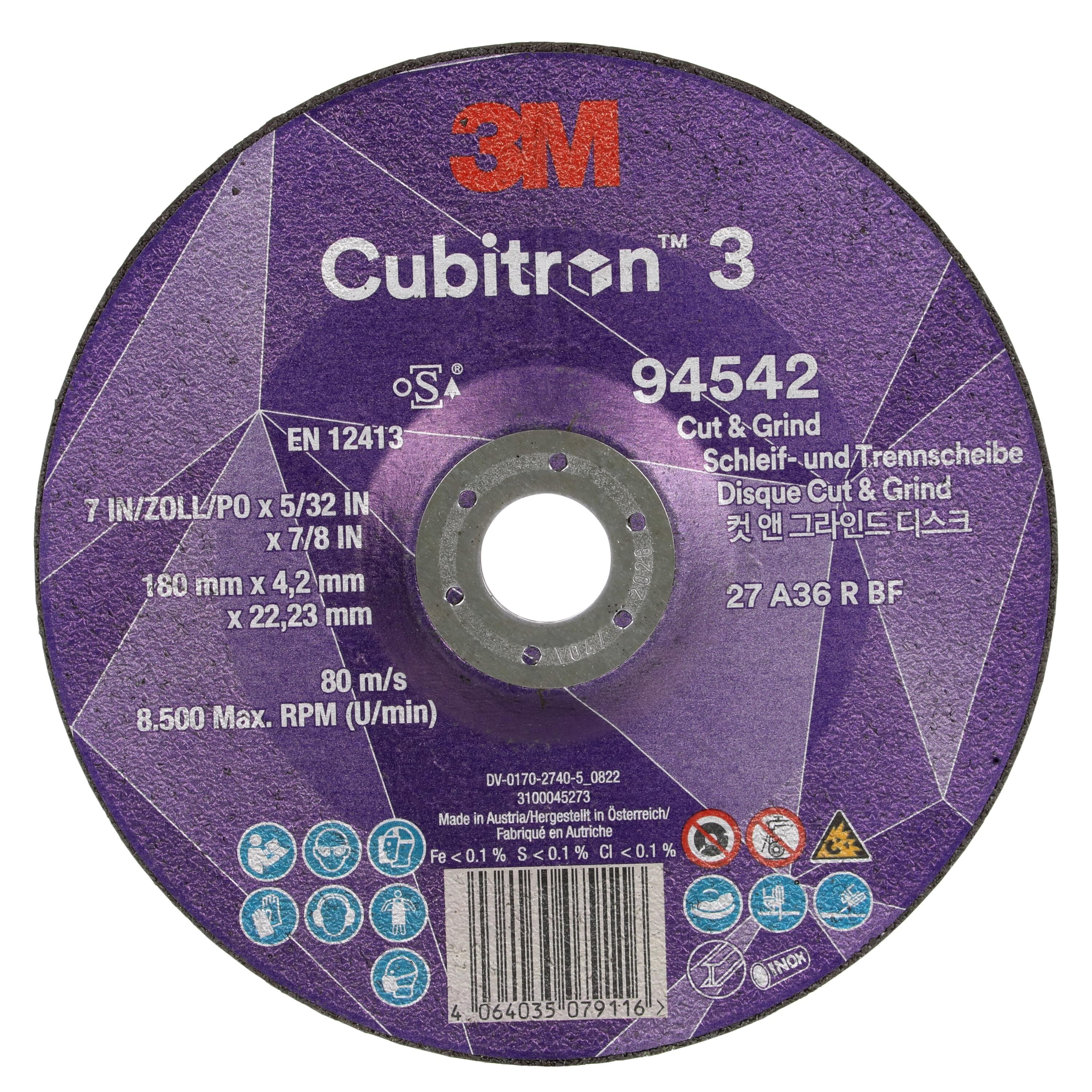 3M Cubitron 3 Cut en Grind-schijf, 94542, 36+, T27, 180mm x 4,2mm x 22,23mm
