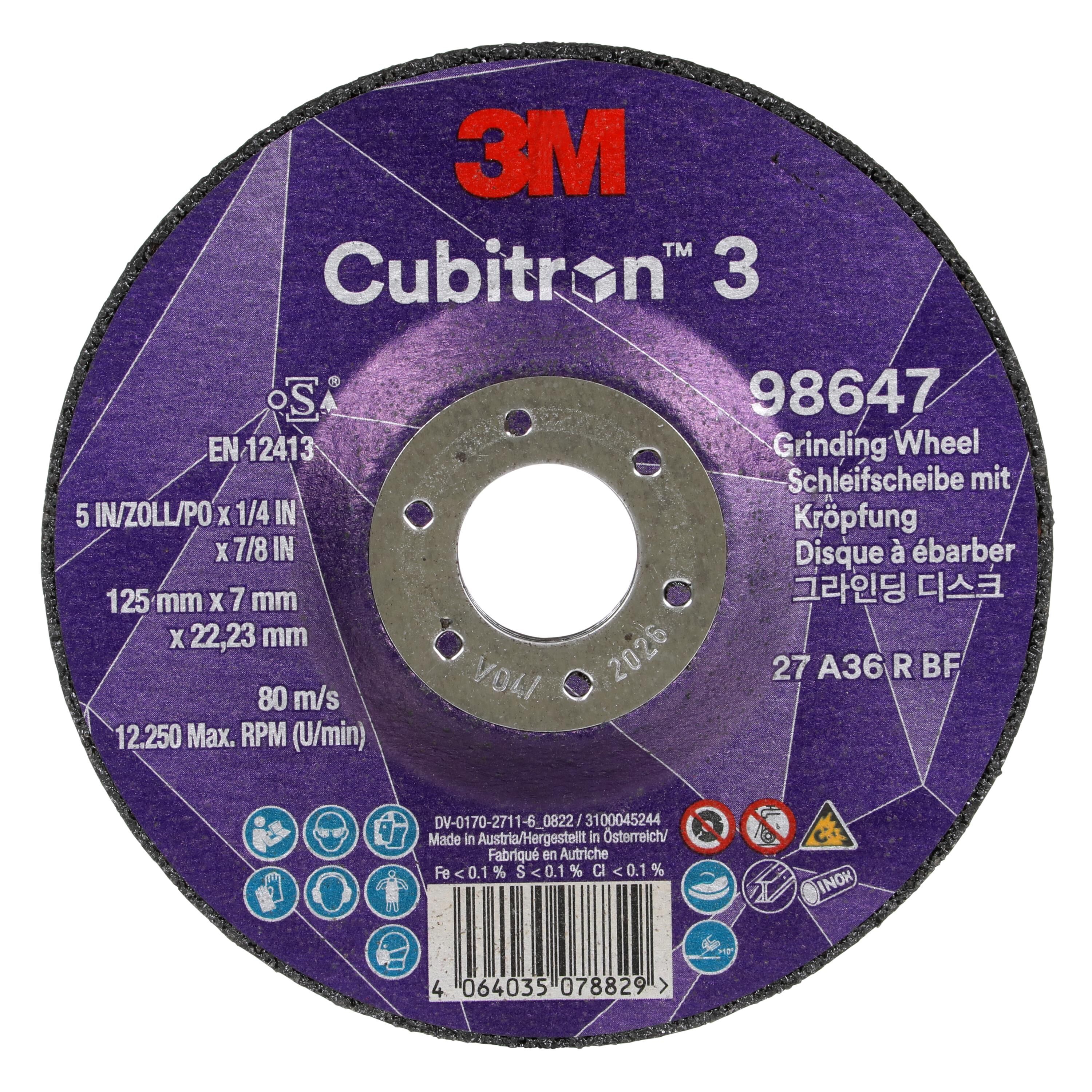 3M Cubitron 3 Afbraamschijf met verlaagd asgat, 98647, 36+, T27, 125mm x 7mm x 22,23mm