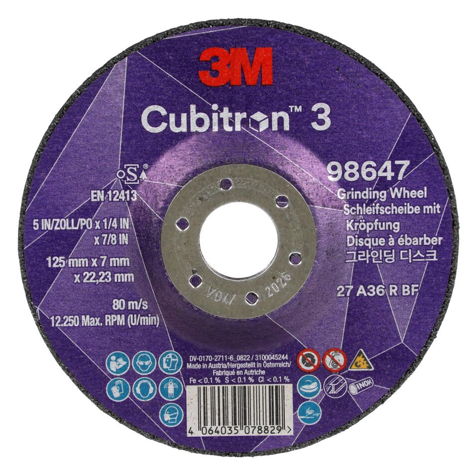 Product afbeelding 3M Cubitron 3 Afbraamschijf met verlaagd asgat, 98647, 36+, T27, 125 mm x 7 mm x 22,23 mm