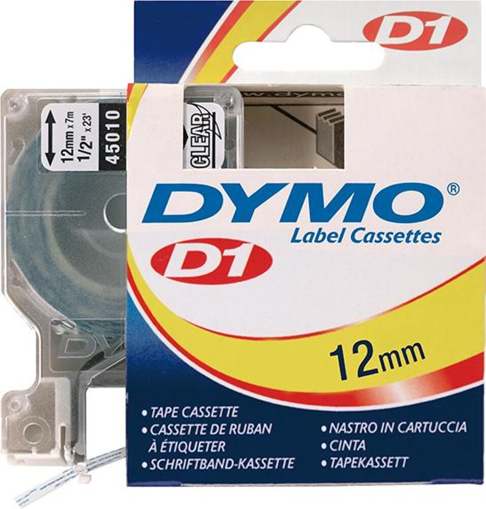 Product afbeelding Dymo Tape D1 45010 zwart op transparant 12mm x 7m