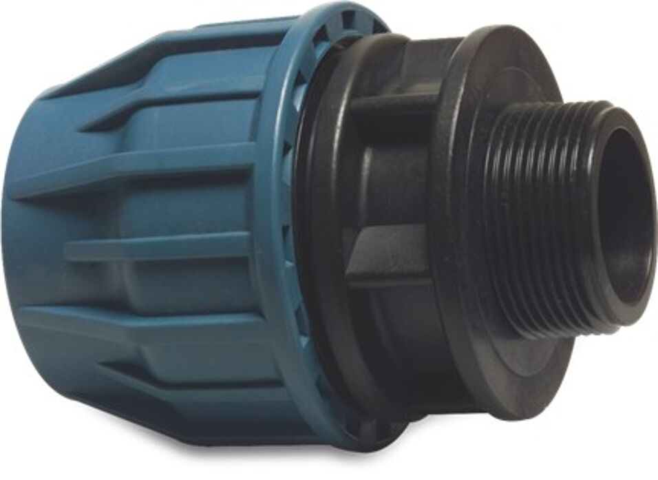 Product afbeelding Aansluitstuk PP 20 mm x 3/4" knel x buitendraad 16bar zwart/blauw DVGW/KIWA/WRAS