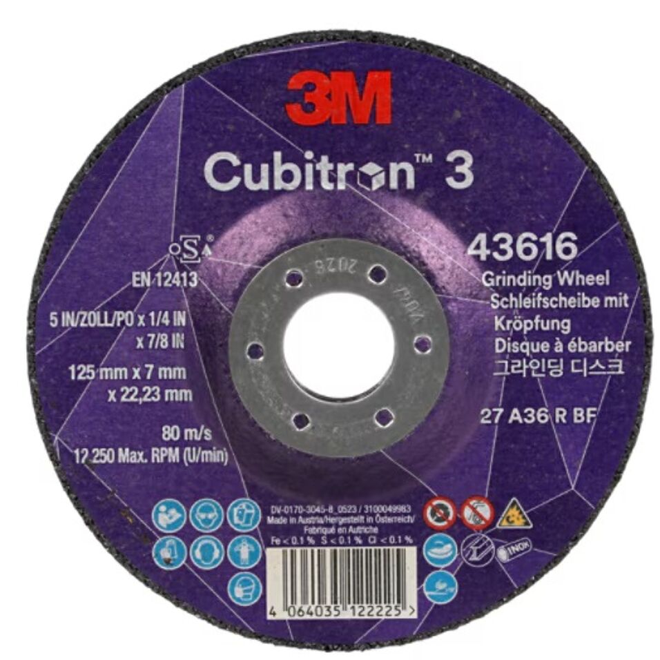 Product afbeelding 3M Cubitron 3 Afbraamschijf met verlaagd asgat, 43616, 36+, T27, 125 mm x 7 mm x 22,23 mm