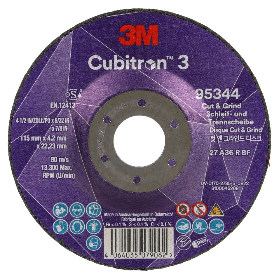 Product afbeelding 3M Cubitron 3 Cut en Grind-schijf, 95344, 36+, T27, 115 mm x 4,2 mm x 22,23 mm