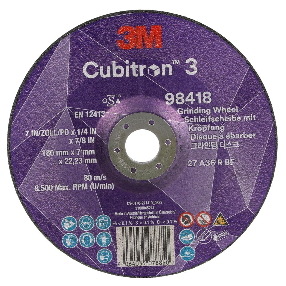 Product afbeelding 3M Cubitron 3 Afbraamschijf met verlaagd asgat, 98418, 36+, T27, 180 mm x 7 mm x 22,23 mm