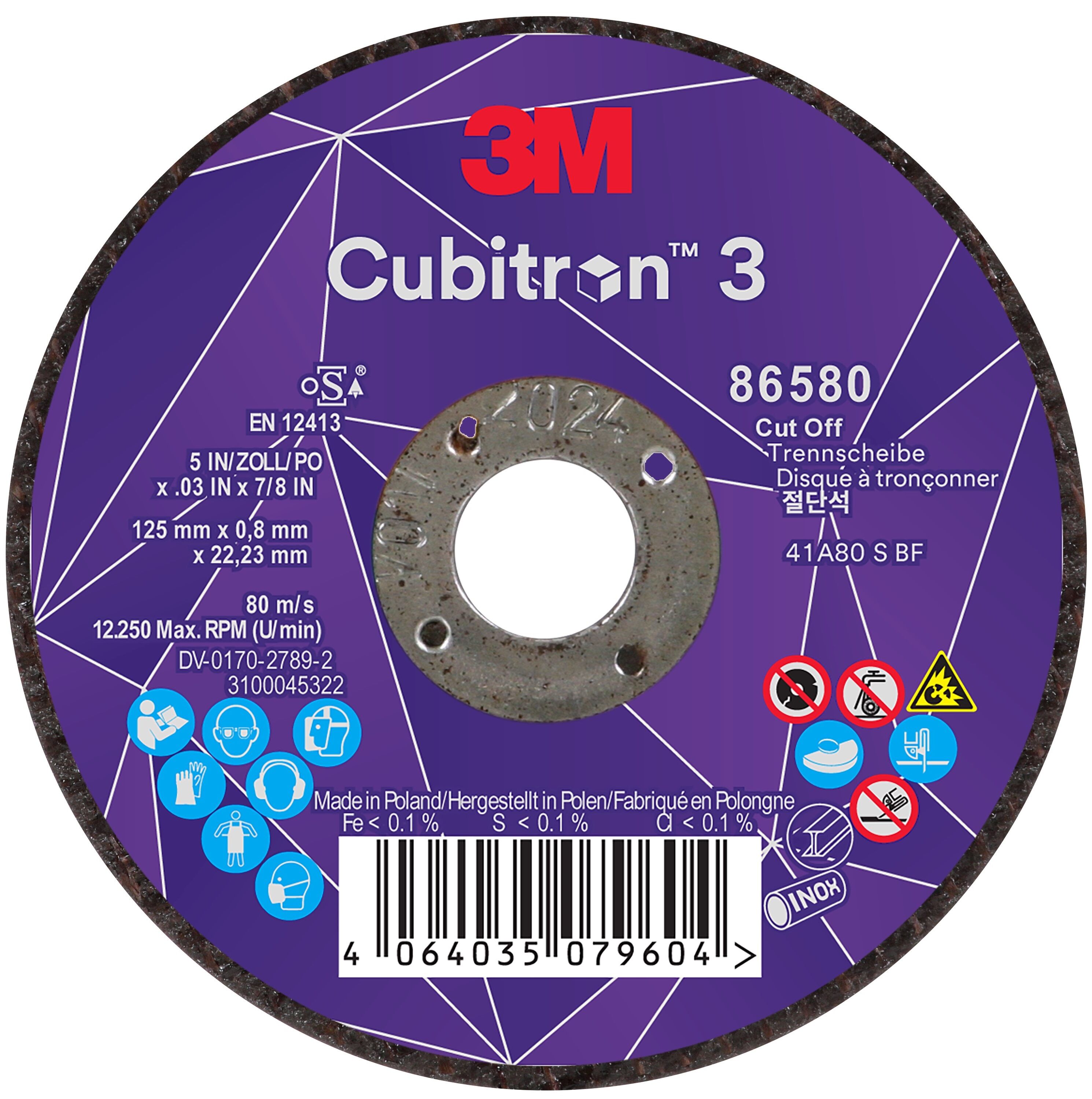 3M Cubitron 3 doorslijpschijf, 86580, 80+, T41, 125mm x 0,8mm x 22,23mm