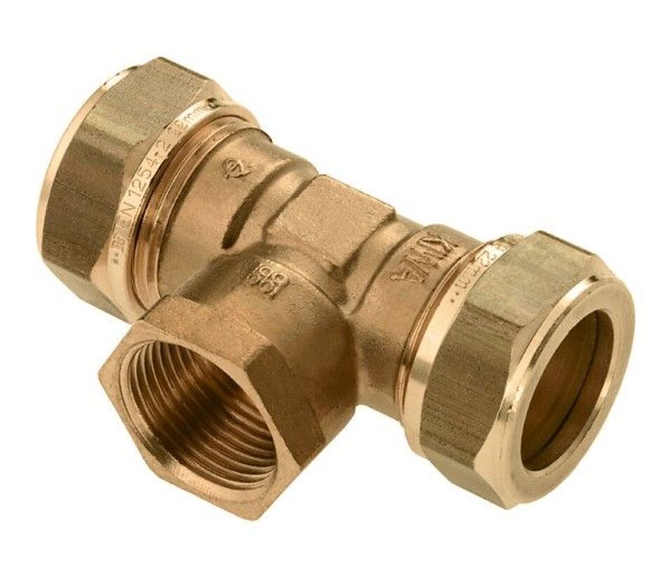 Product afbeelding Knel messing T-stuk 22 x 1/2" binnendraad  x 22 mm