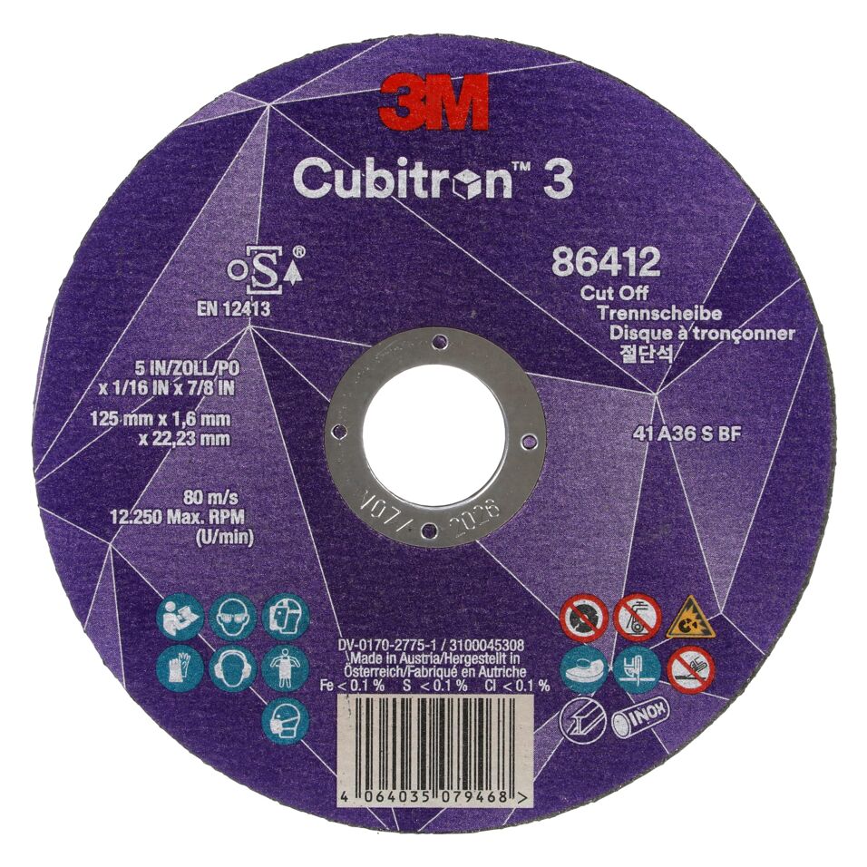 Product afbeelding 3M Cubitron 3 doorslijpschijf, 86412, 36+, T41, 125 mm x 1,6 mm x 22,23 mm