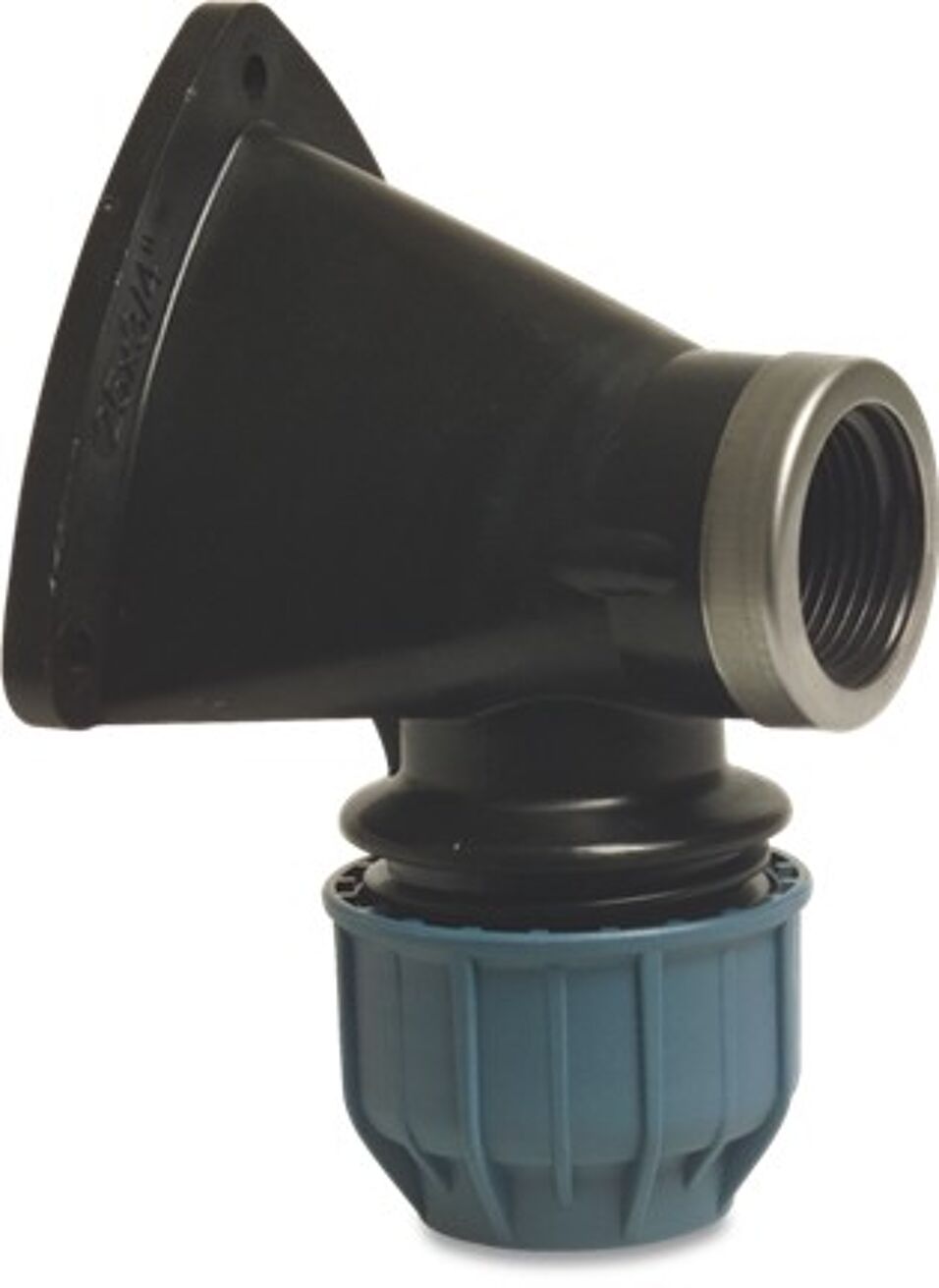 Product afbeelding Muurplaat 90° PP 25 mm x 3/4" knel x binnendraad 16bar zwart/blauw DVGW/KIWA/WRAS