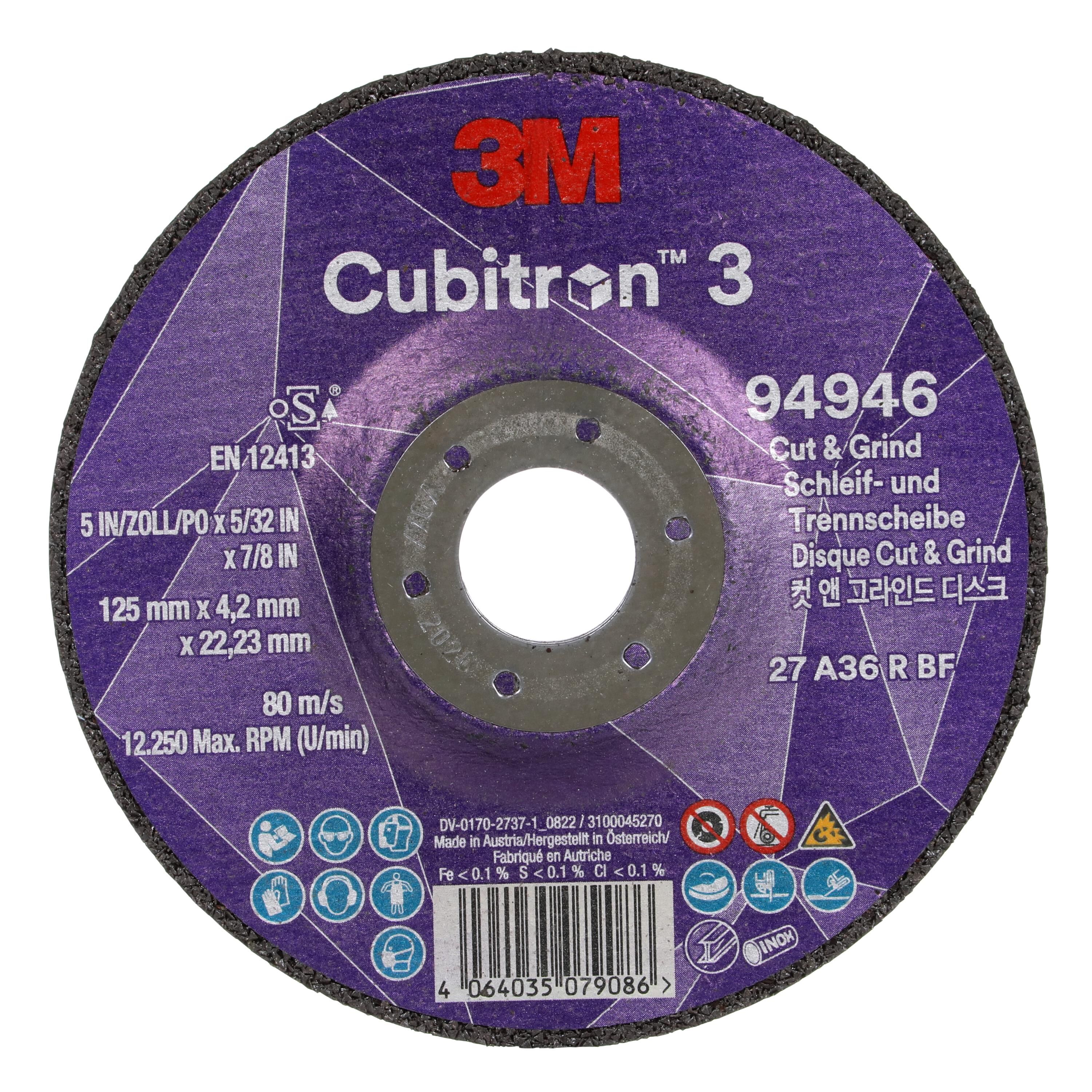 3M Cubitron 3 Cut en Grind-schijf, 94946, 36+, T27, 125mm x 4,2mm x 22,23mm