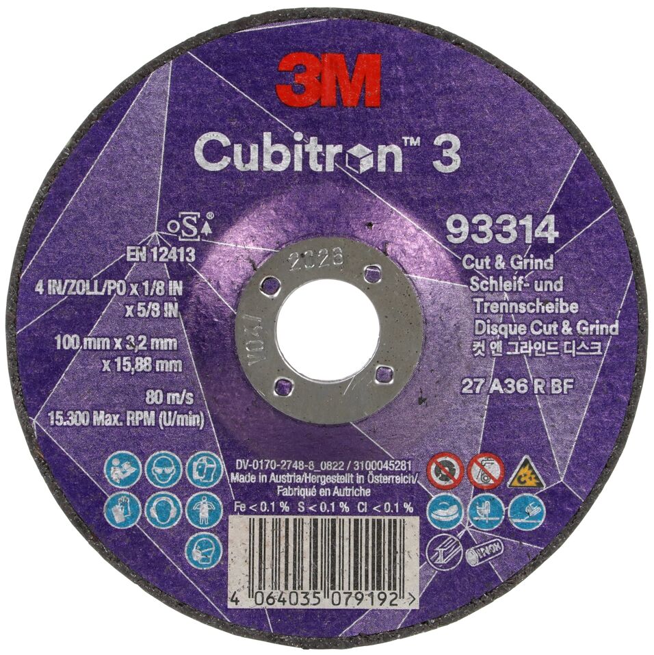 Product afbeelding 3M Cubitron 3 Cut en Grind-schijf, 93314, 36+, T27, 100 mm x 3,2 mm x 15,88 mm