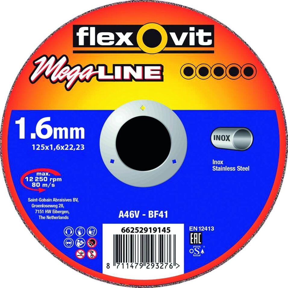 Product afbeelding Flexovit doorslijpschijf vlak mega-line INOX A46V T41 125x1,6x22,2 mm