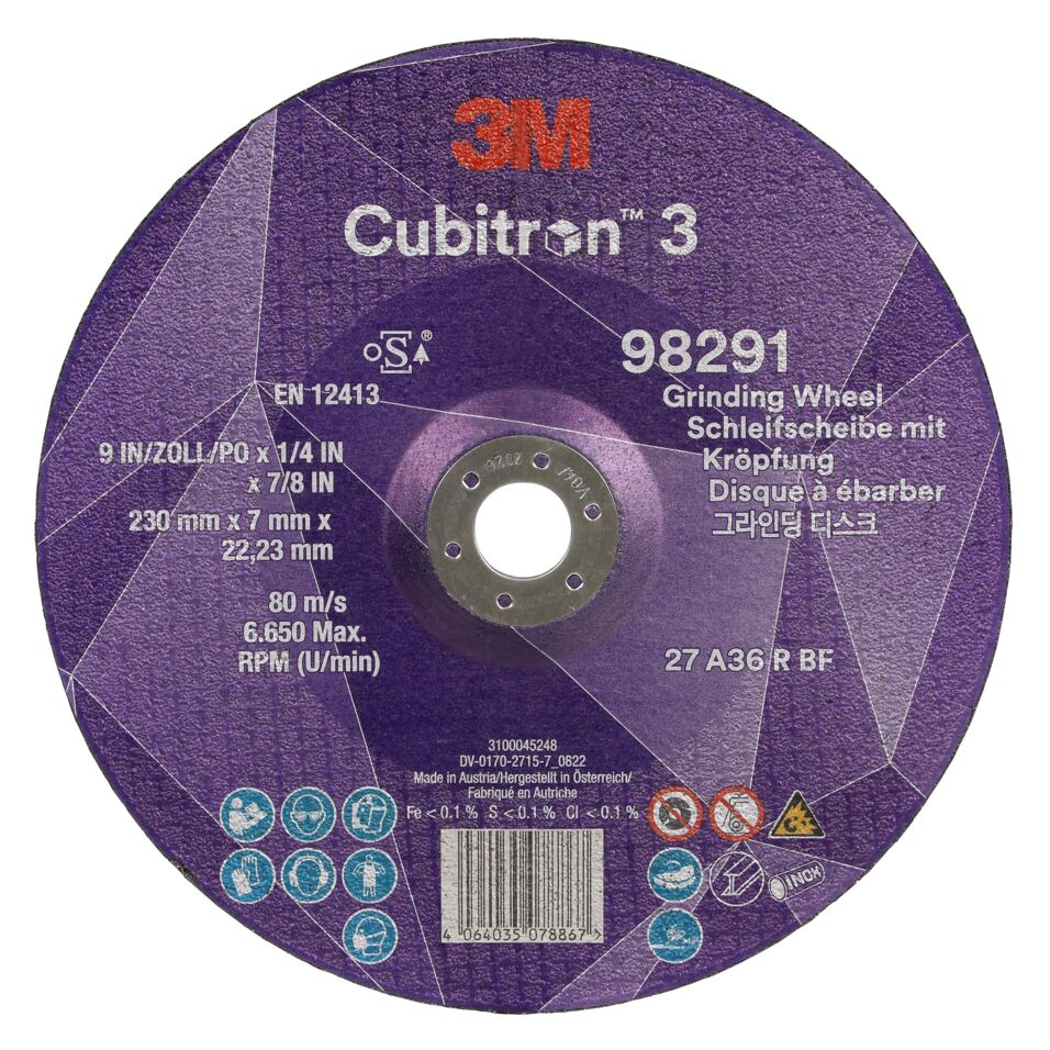Product afbeelding 3M Cubitron 3 Afbraamschijf met verlaagd asgat, 98291, 36+, T27, 230 mm x 7 mm x 22,23 mm